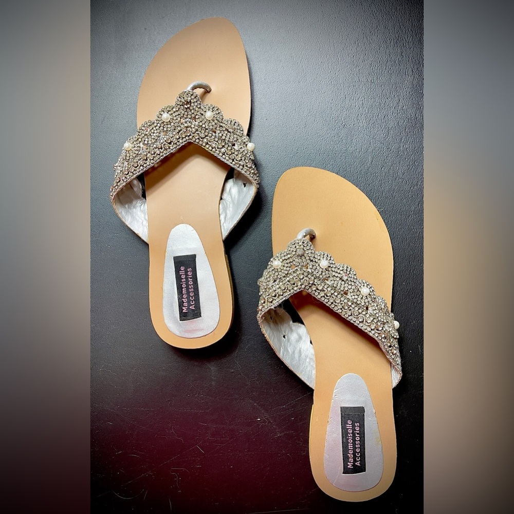 Mademoiselle Accessories Silver & Tan Rhinestone Dressy Flat Heeled Toe Sandals
